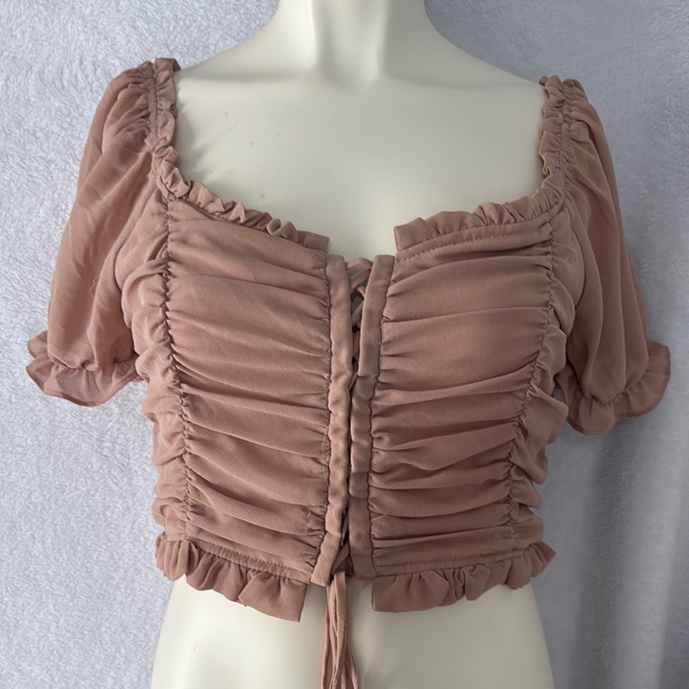 Ruched Crop Top Sheer‎ Puff Sleeve Ruffle Trim Tie Front Blouse